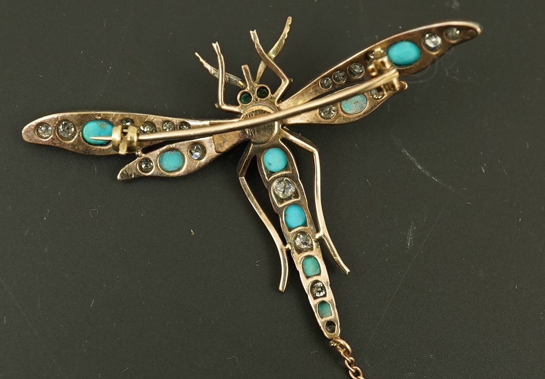 A late Victorian gold and silver, diamond, turquoise and pearl set dragonfly brooch